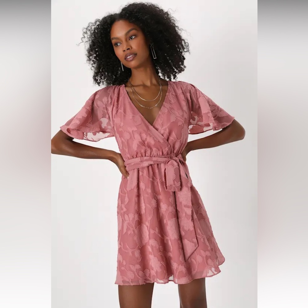 Flutter Forever Mauve Burnout Jacquard Flutter Sleeve Mini Dress